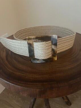 Beige Woven Rope Belt with Tortoiseshell Square Buckle